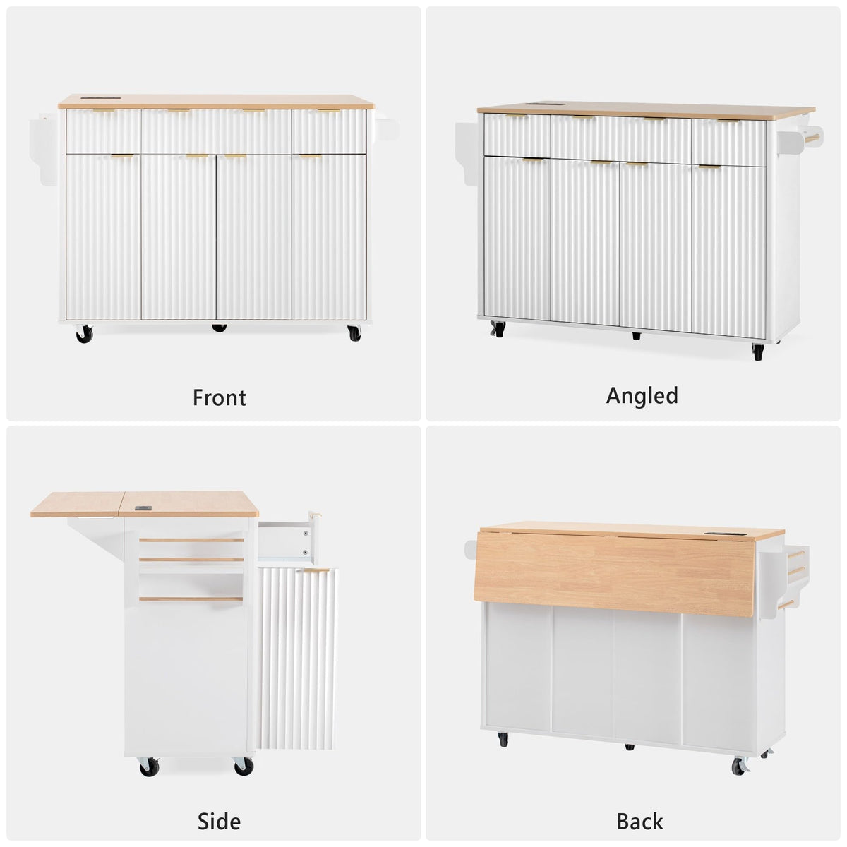 Large Fluted Kitchen Island Cart on Wheels with Storage, Natural