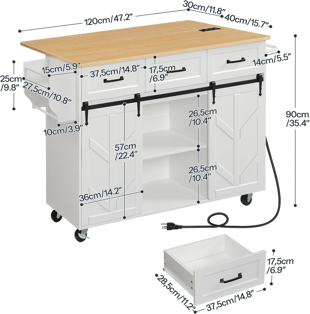 HOOBRO Kitchen Island with Drop Leaf, Rolling Kitchen Cart on Wheels with Power Outlet, Sliding Barn Door Storage Cabinet, 3 Drawers & Spice Rack for Dining Room, White and Natural WN70UZD01