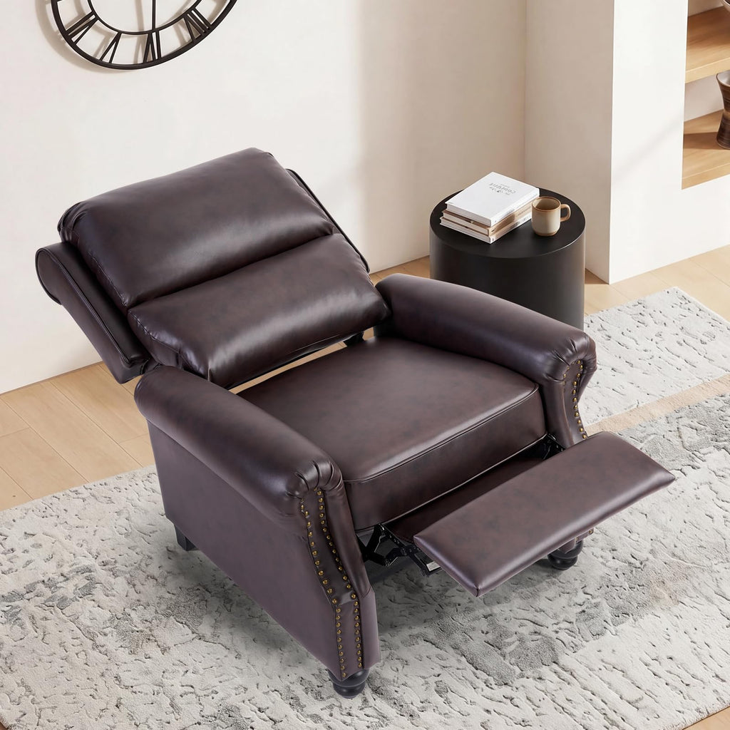 CANMOV Pushback Recliner Chair Faux Leather Armchair Push Back Recliner with Rivet Decoration Single Sofa Accent Chair for Living Room, Chocolate