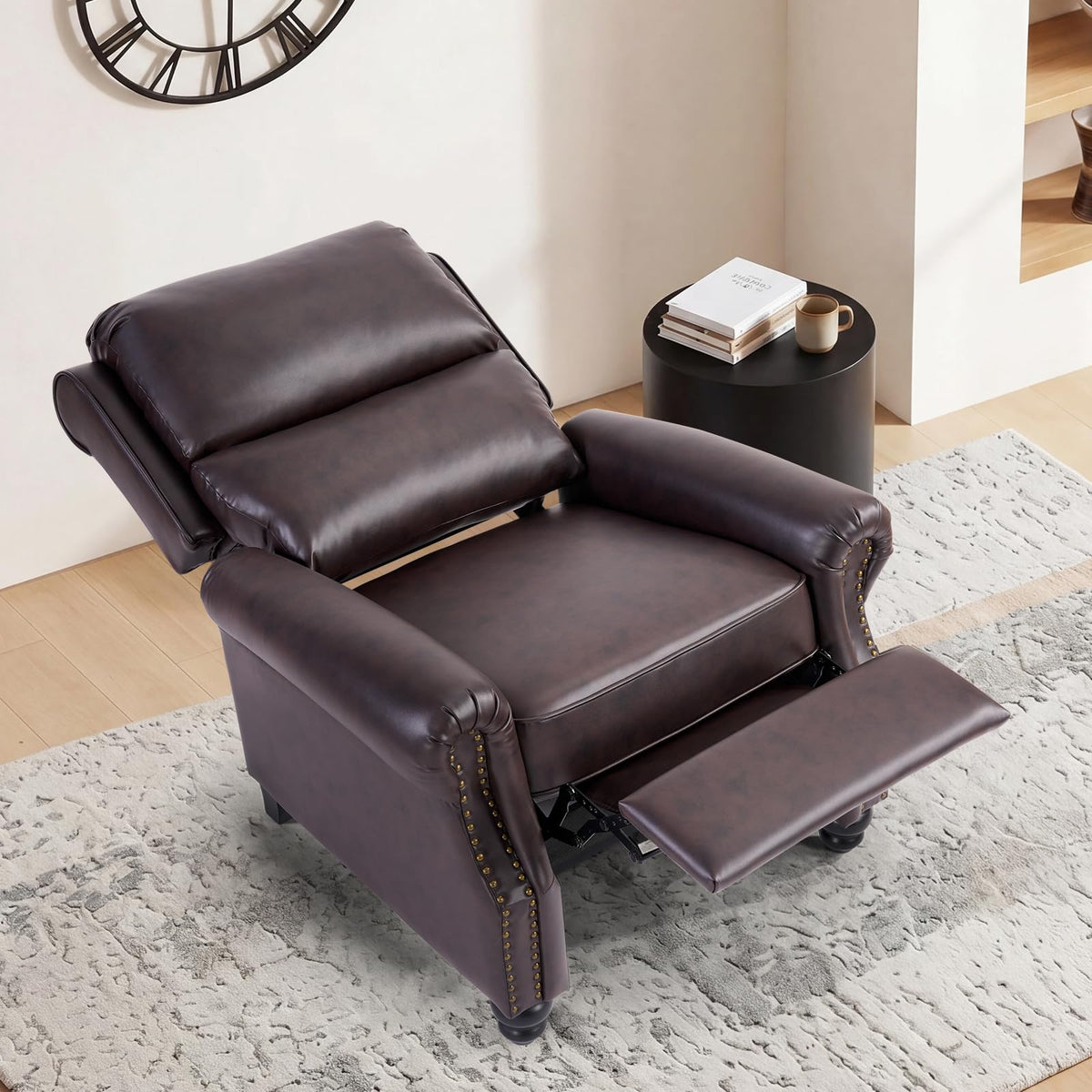 CANMOV Pushback Recliner Chair Faux Leather Armchair Push Back Recliner with Rivet Decoration Single Sofa Accent Chair for Living Room, Chocolate