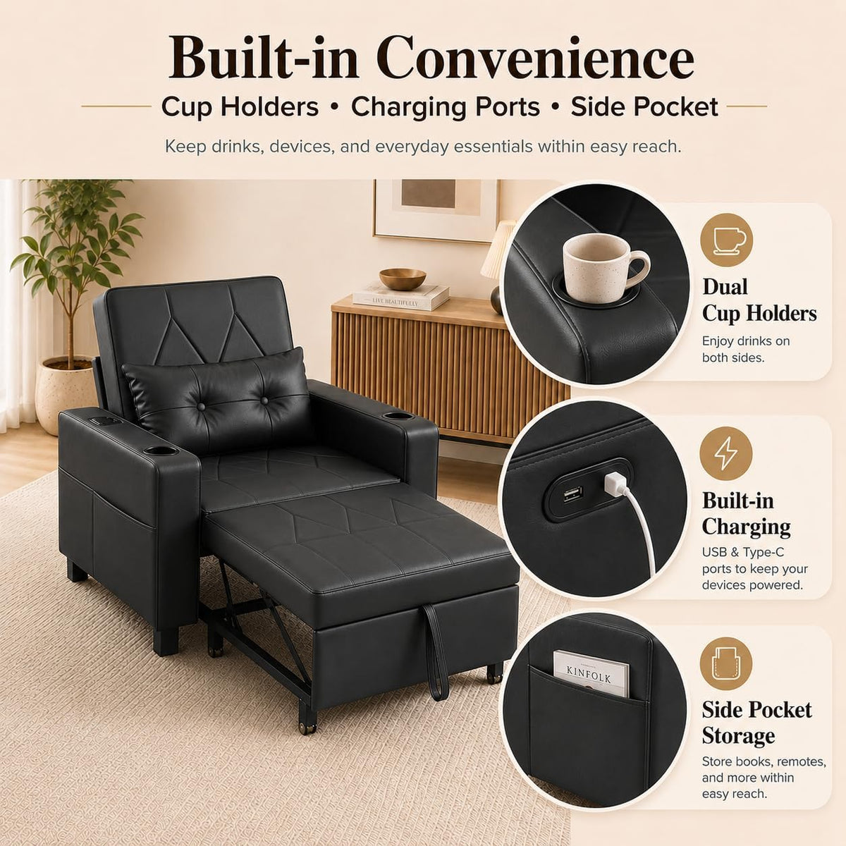 AILEEKISS Sleeper Chair Bed, 3-in-1 Convertible Pull Out Sofa, Faux Leather