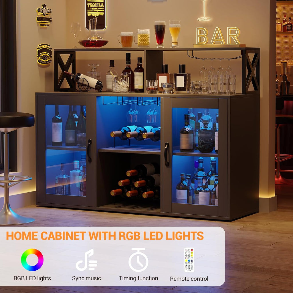 Garvee Wine Cabinet with LED Light, Bar Cabinet with Wine Rack, Glass Holder, and Power Outlets, for Living Room Dining Room, Black