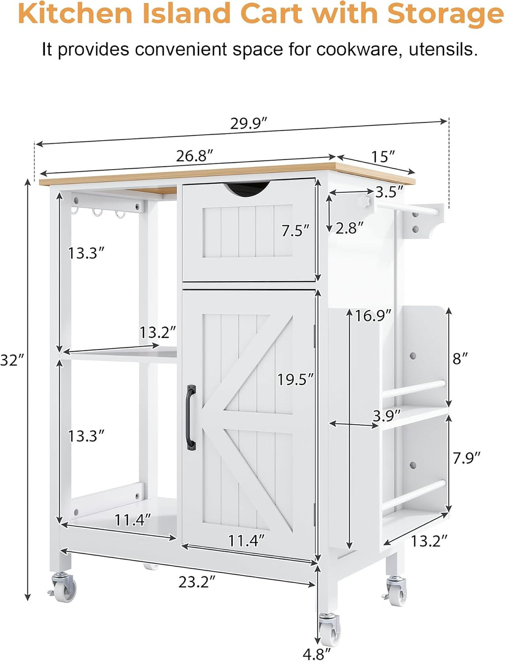 33" Rolling Kitchen Island Cart with Storage, Kitchen Island on Wheels