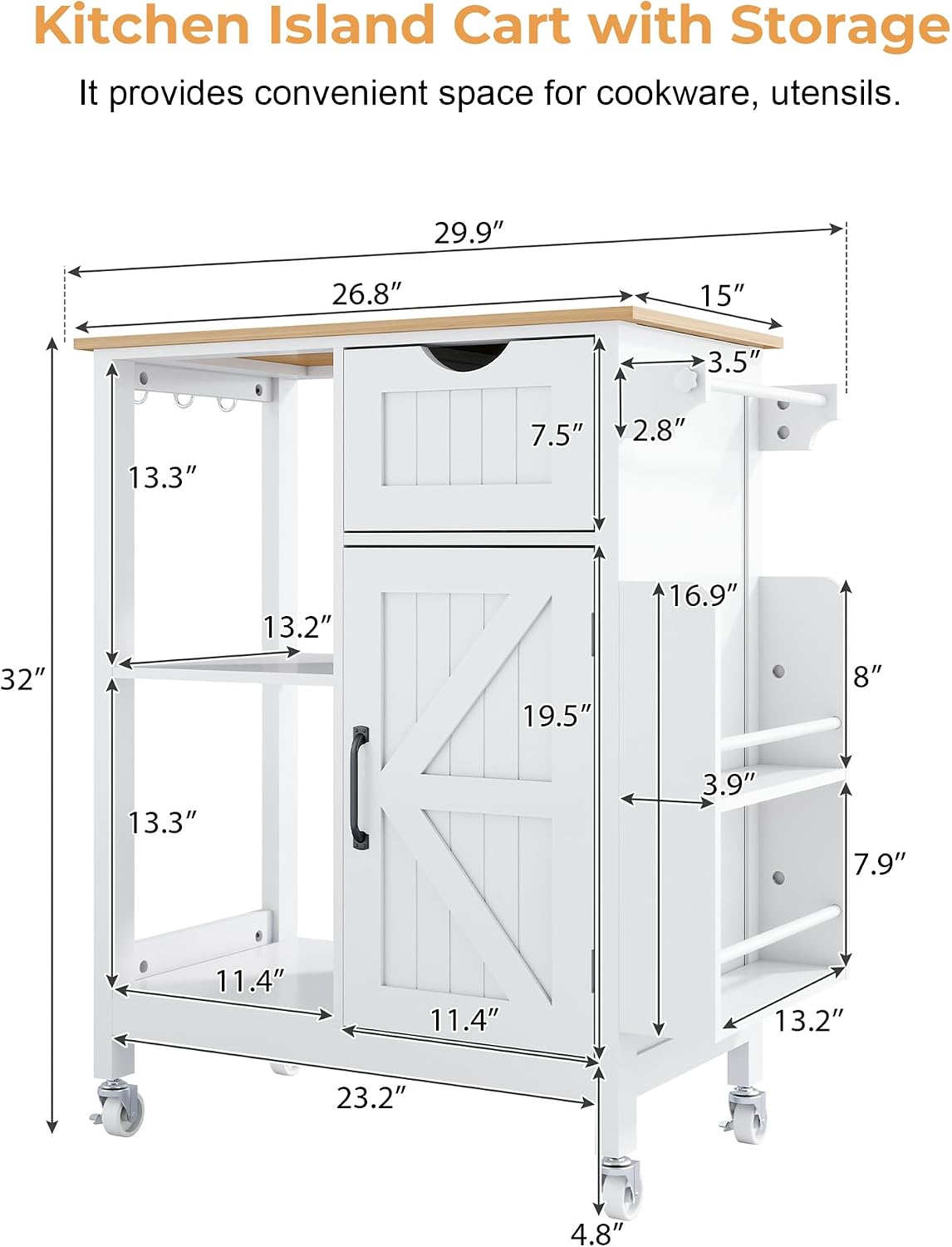 33" Rolling Kitchen Island Cart with Storage, Kitchen Island on Wheels