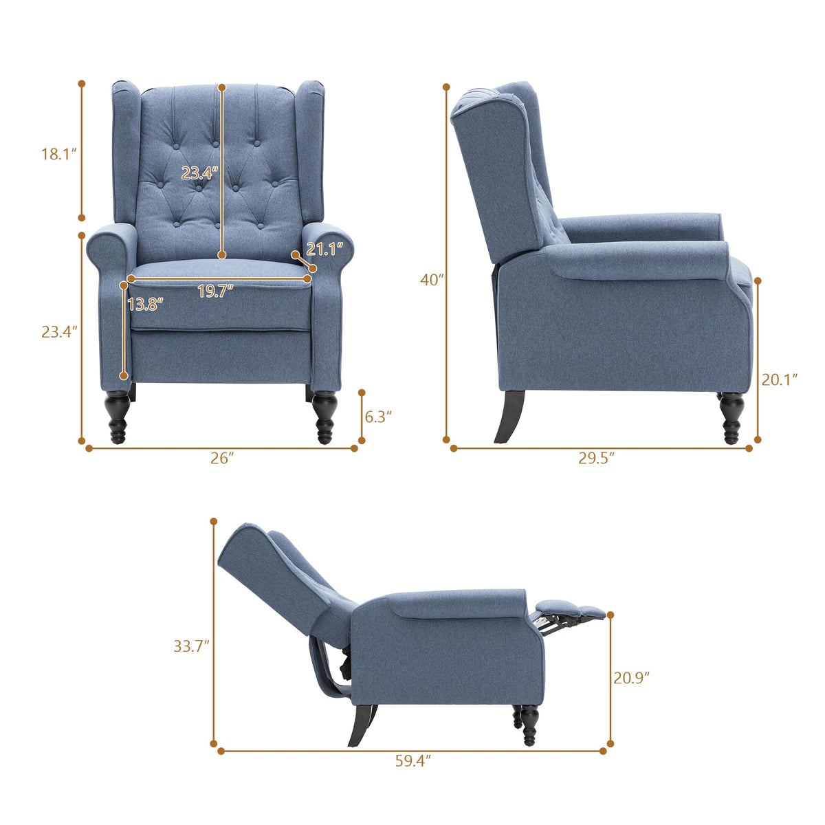 Mid Century Wingback Recliner Chair for Adults, Modern Linen Fabric Push Back Recliner Chairs with Button Tufted Upholstered Back & Footrest, Manual Recliner Chais for Living Room, Nursery, Gray