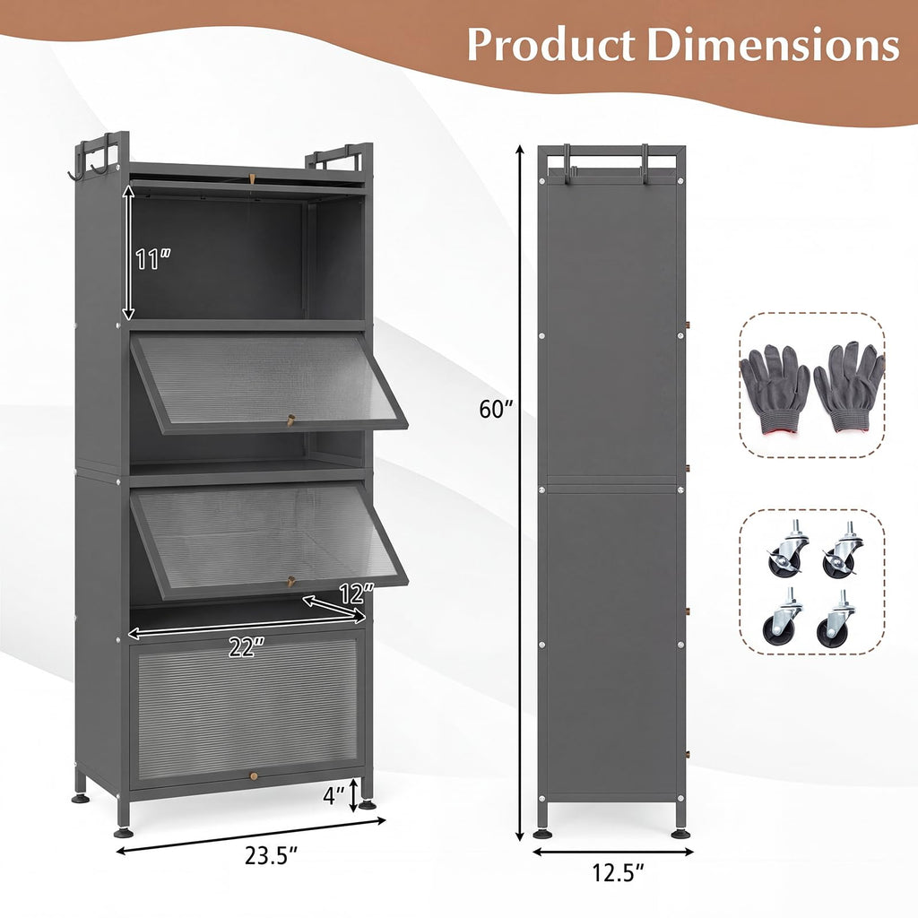 GIANTEX 5-Tier Kitchen Storage Cabinet, 4 PC Doors, Rolling Wheels, White