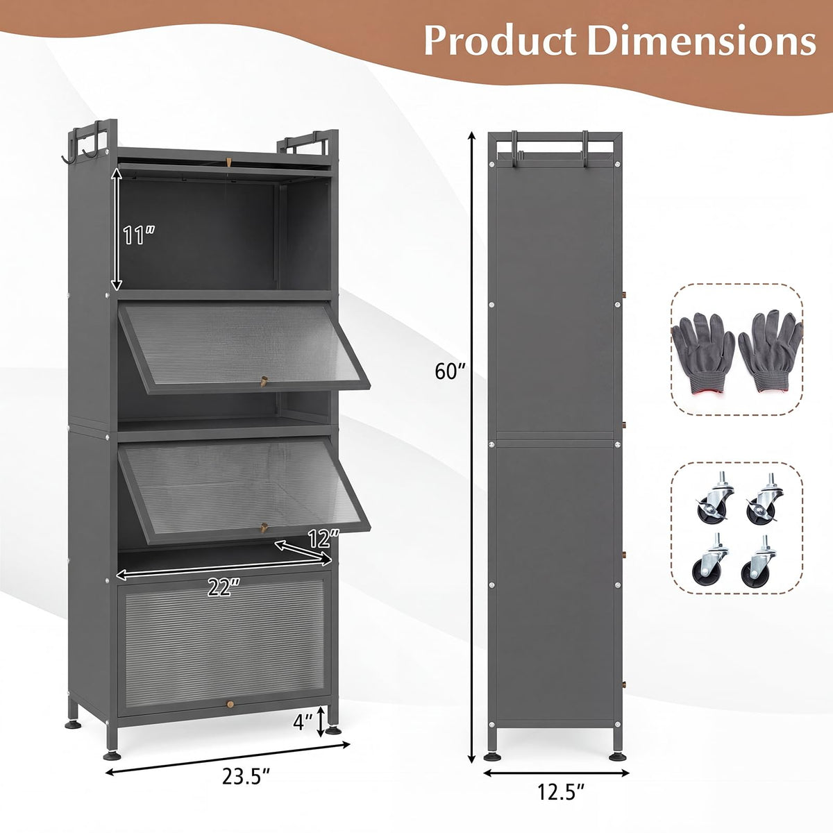 GIANTEX 5-Tier Kitchen Storage Cabinet, 4 PC Doors, Rolling Wheels, White