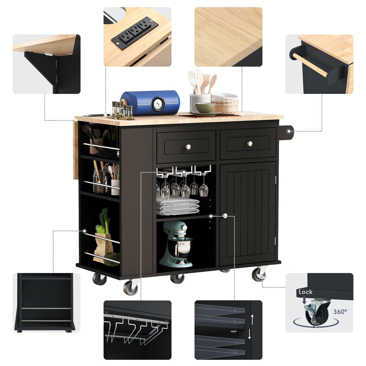 Ball & Cast Farmhouse Kitchen Island with Power Outlet,Dining Storage Island with Drop Leaf,Spice Rack and Drawer,Rolling Dining Cart on Wheels for Home,Kitchen,Dining Room,White,54"