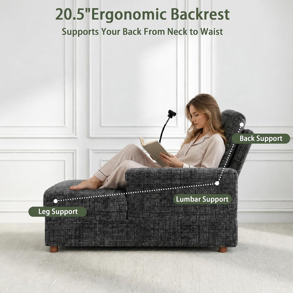EJUNQ 66.5" Oversized Chaise Lounge Chair Indoorï¼Cozy Sofa Bed with Phone Holder and USB Chargerï¼Upholstered Deep Seat Sleeper Sofa Bedï¼Comfy Single Sofa Armchair for Living Room, Grey