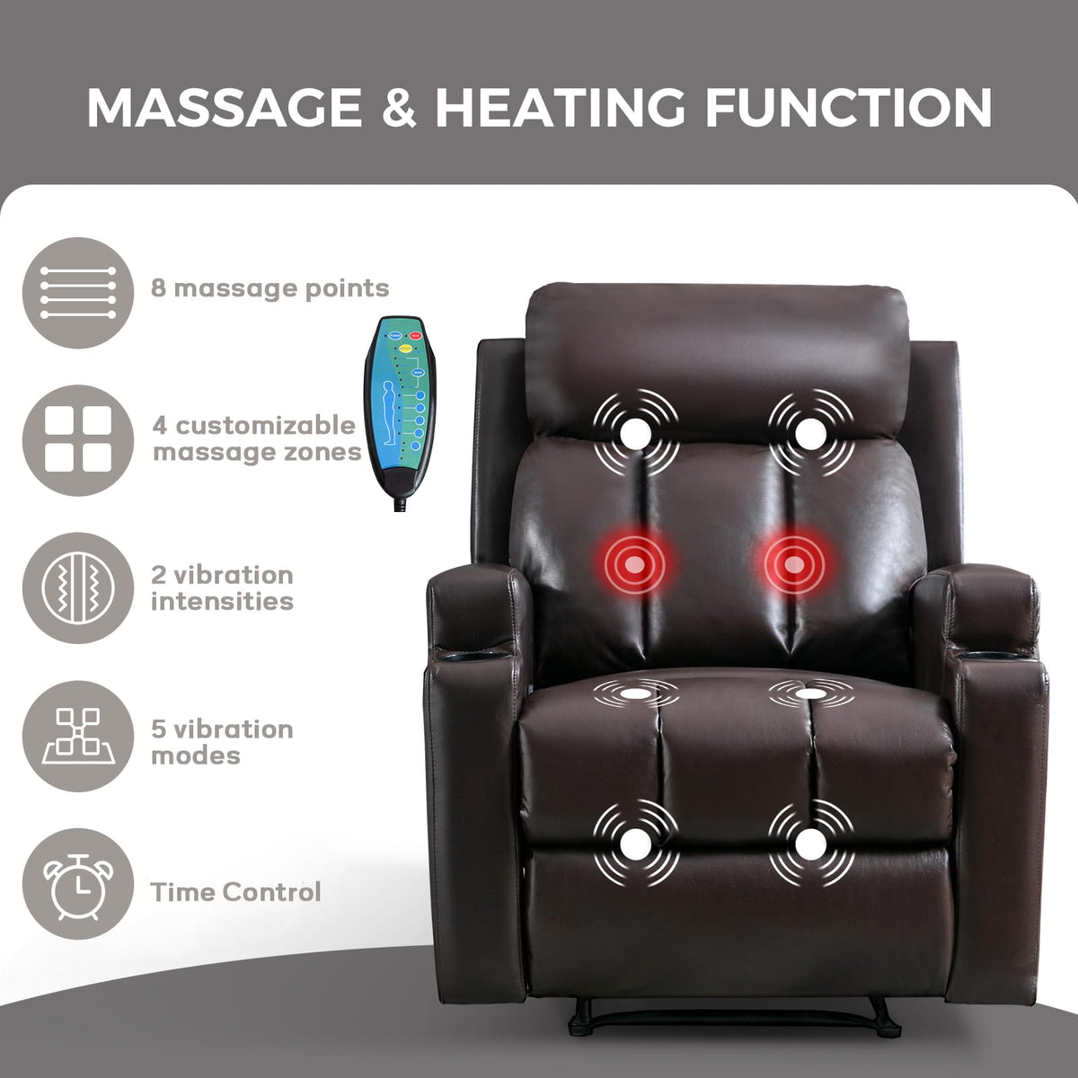 CANMOV Manual Recliner Chair with Massage and Heat, Soft Fabric Recliner Chair with Overstuffed Arm and Back, Manual Reclining Single Sofa with 2 Cup Holders, Side Pocket for Living Room, Dark Grey