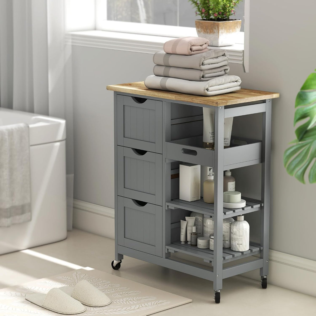 HOMCOM Rolling Kitchen Island Cart with Wood Top, Shelves & Drawers, Gray