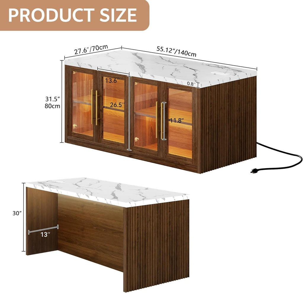 Kitchen Island with Storage, 55" Large Island Table with LED Light