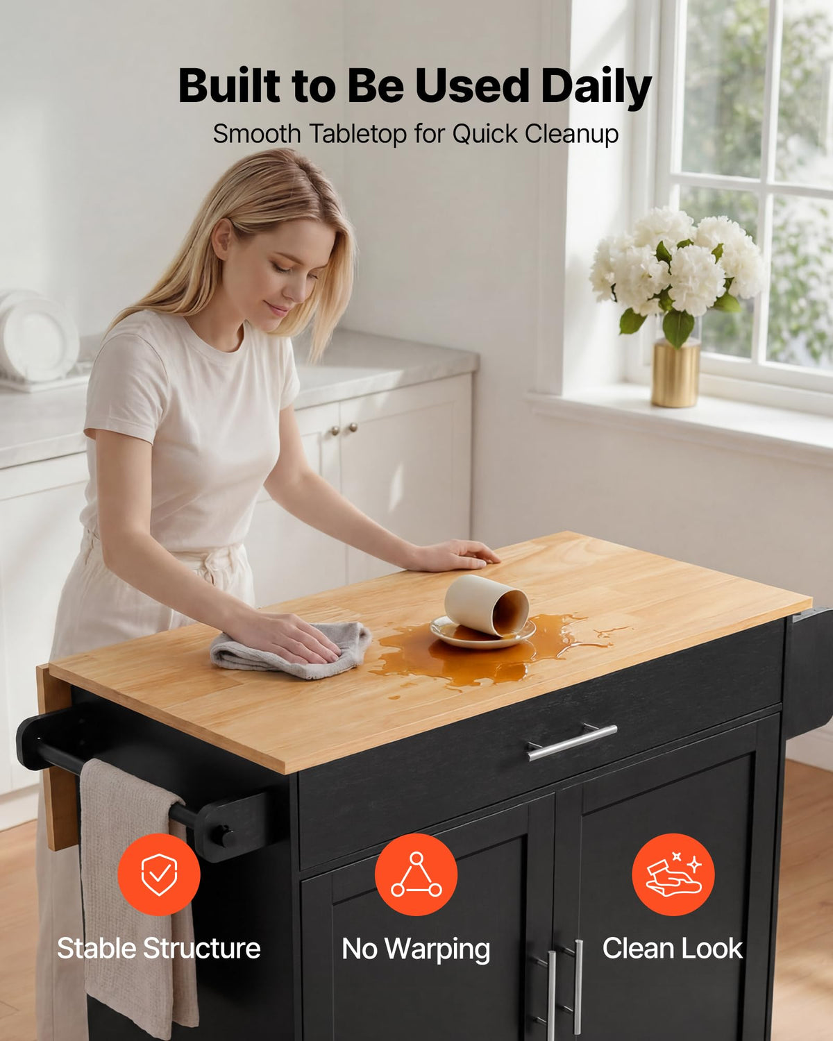 VEVOR Kitchen Island Cart with Storage, 42.28 in Wide Mobile Rolling Storage Island on Swivel Wheels, with Drawer, Storage Cabinet, Drop Leaf, Spice Rack, Table for Home Dining Room, White