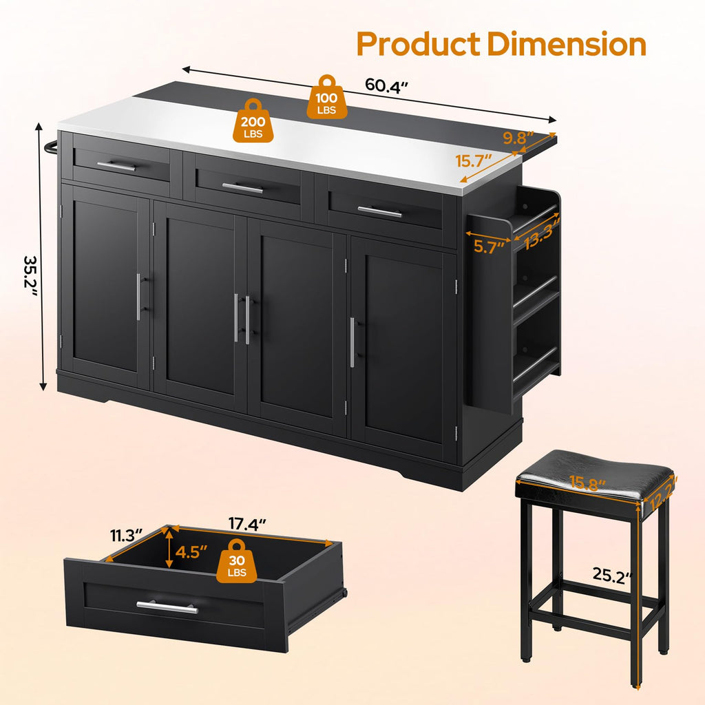 Concho 56" Kitchen Island with Seating Stainless Steel Countertop Black