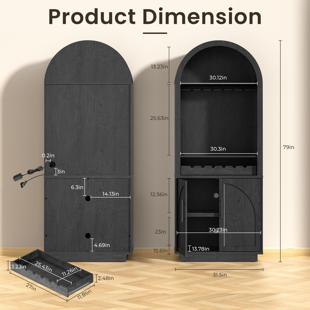 Fatmok 79" Tall Arched Pantry Cabinet with LED Light & Charging Station, Modern Coffee Bar Liquor Cabinet with Wine Rack & Glass Holder, Kitchen Storage Cabinet with Adjustable Shelves, Black Grey