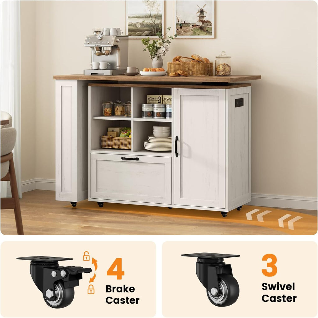 72" Rolling Kitchen Island with 360Â° Swivel Tabletop & Power Outlet,Mobile Kitchen Islands on Wheels with Storage,Farmhouse Wood Island Cart with Spice Rack,Rustic White
