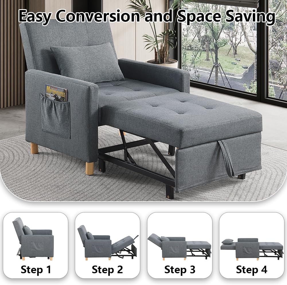 Sleeper Chair,Convertible Sleeper Sofa Chair,Pull Out Sleeper Chair with Adjustable Backrest,Multi-Functiona Lounge Chair for Living Room(Gray)