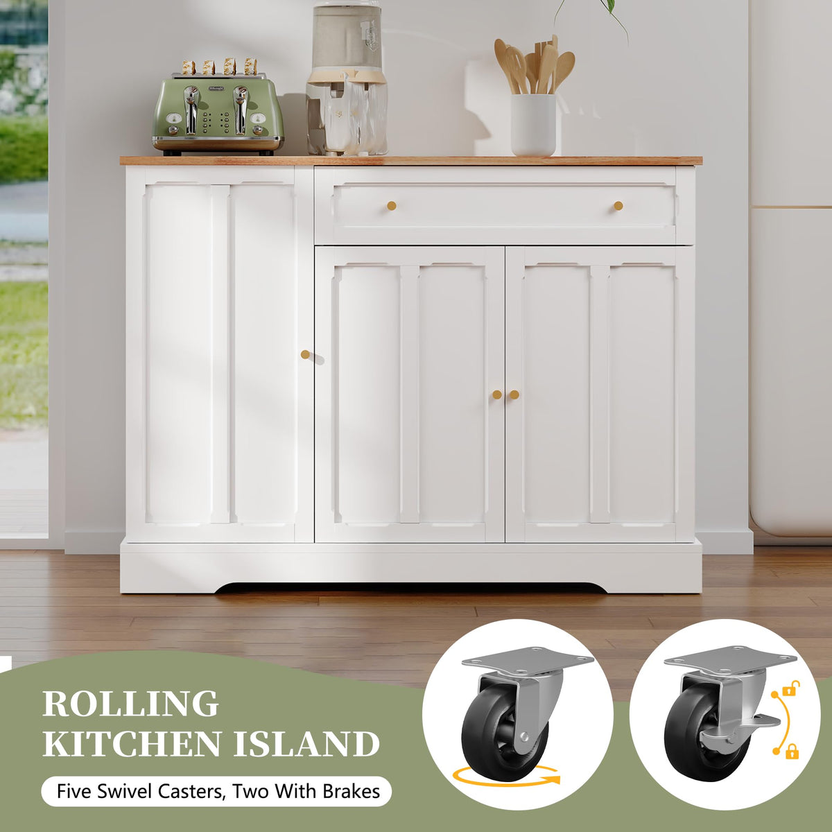 HLR Kitchen Island with Drop Leaf & Storage, Solid Rubber Wood Top Rolling Kitchen Cart with Carved Recessed Panel Doors, Large Mobile Island Table on Wheels for Kitchen, Dining Room (Green)