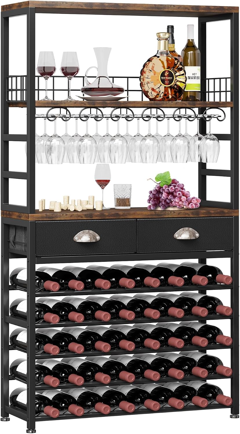 Homeiju Wine Cabinet with Storage, Wine Rack Freestanding Floor, 6-Tier with Tabletop, Drawer and Wine Storage for Home Bars