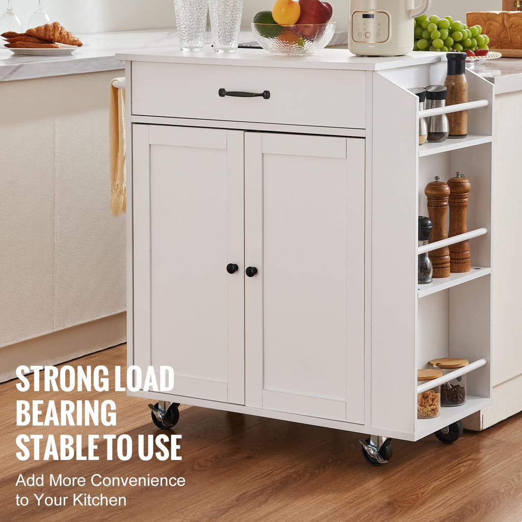 VEVOR Kitchen Island Cart with Storage, 47.64 in Wide Mobile Rolling Storage Island on Swivel Wheels, with 2 Drawers, Storage Cabinet, Drop Leaf, Towel Rack, Table for Home Dining Room, White