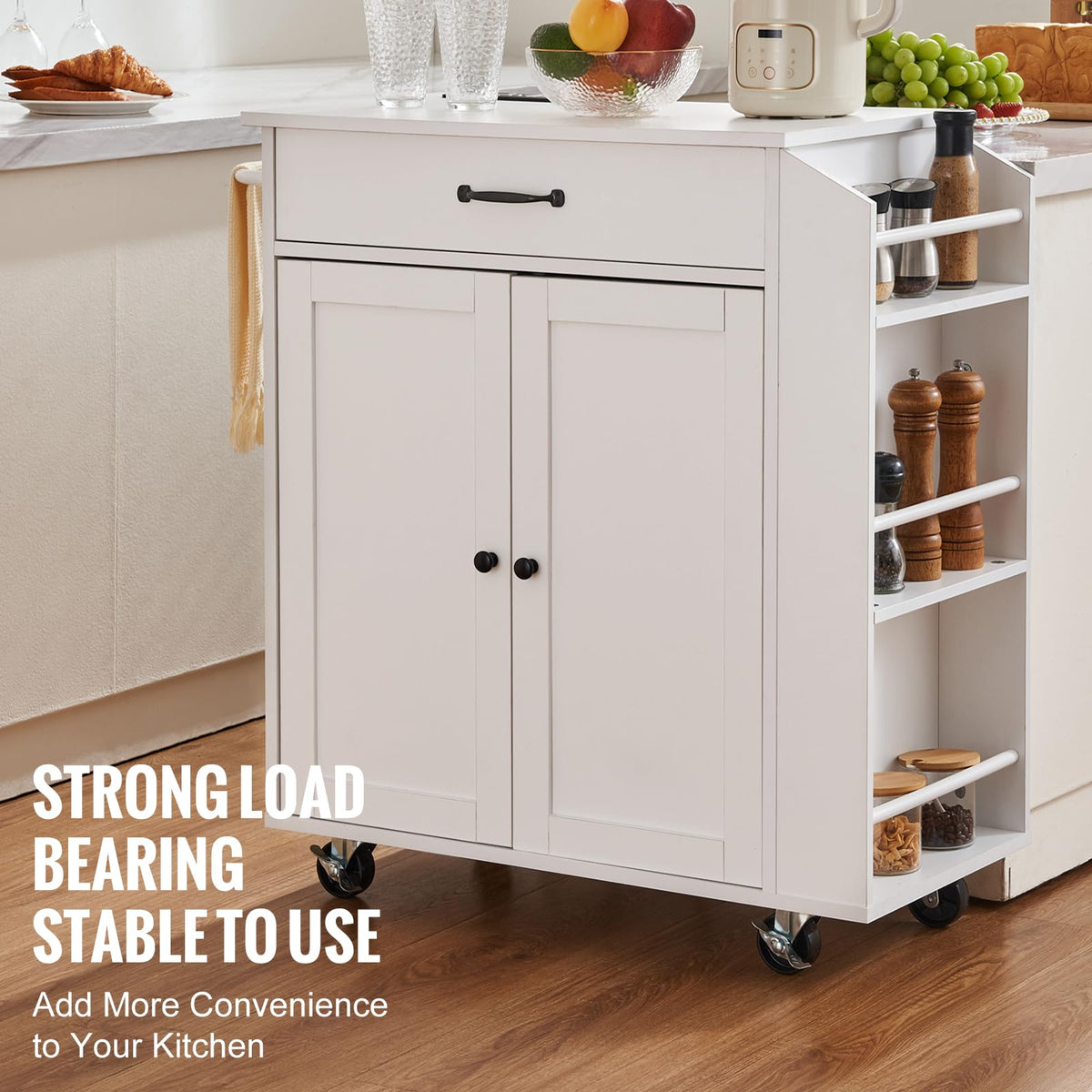 VEVOR Kitchen Island Cart with Storage, 47.64 in Wide Mobile Rolling Storage Island on Swivel Wheels, with 2 Drawers, Storage Cabinet, Drop Leaf, Towel Rack, Table for Home Dining Room, White