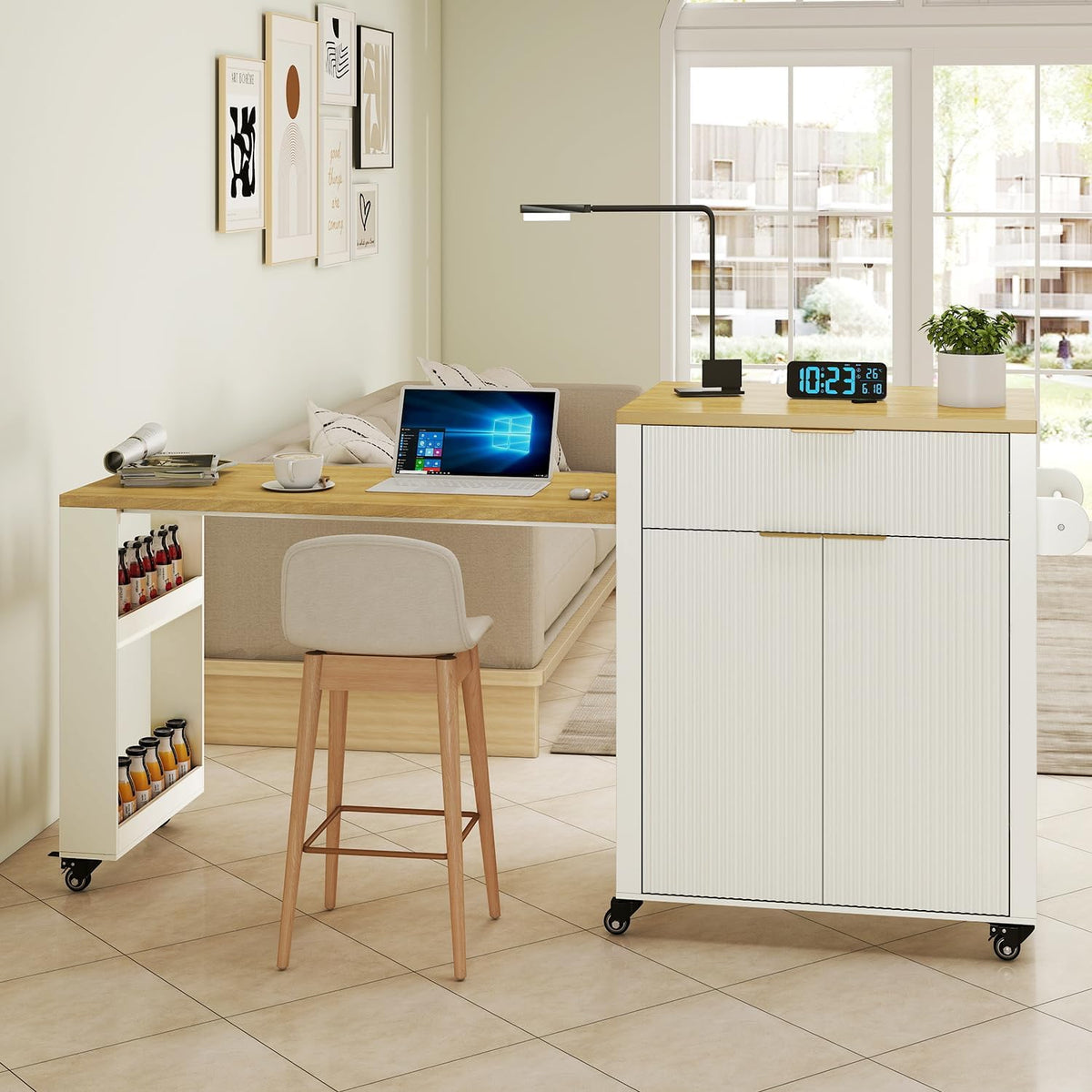 Rolling Kitchen Island with Extendable Dining Table, 75.8" Kitchen Cart on Wheels, Mobile Island Table with Storage Drawers, Open Side Shelf& Power Outlet for Kitchen, Dining Room (White)