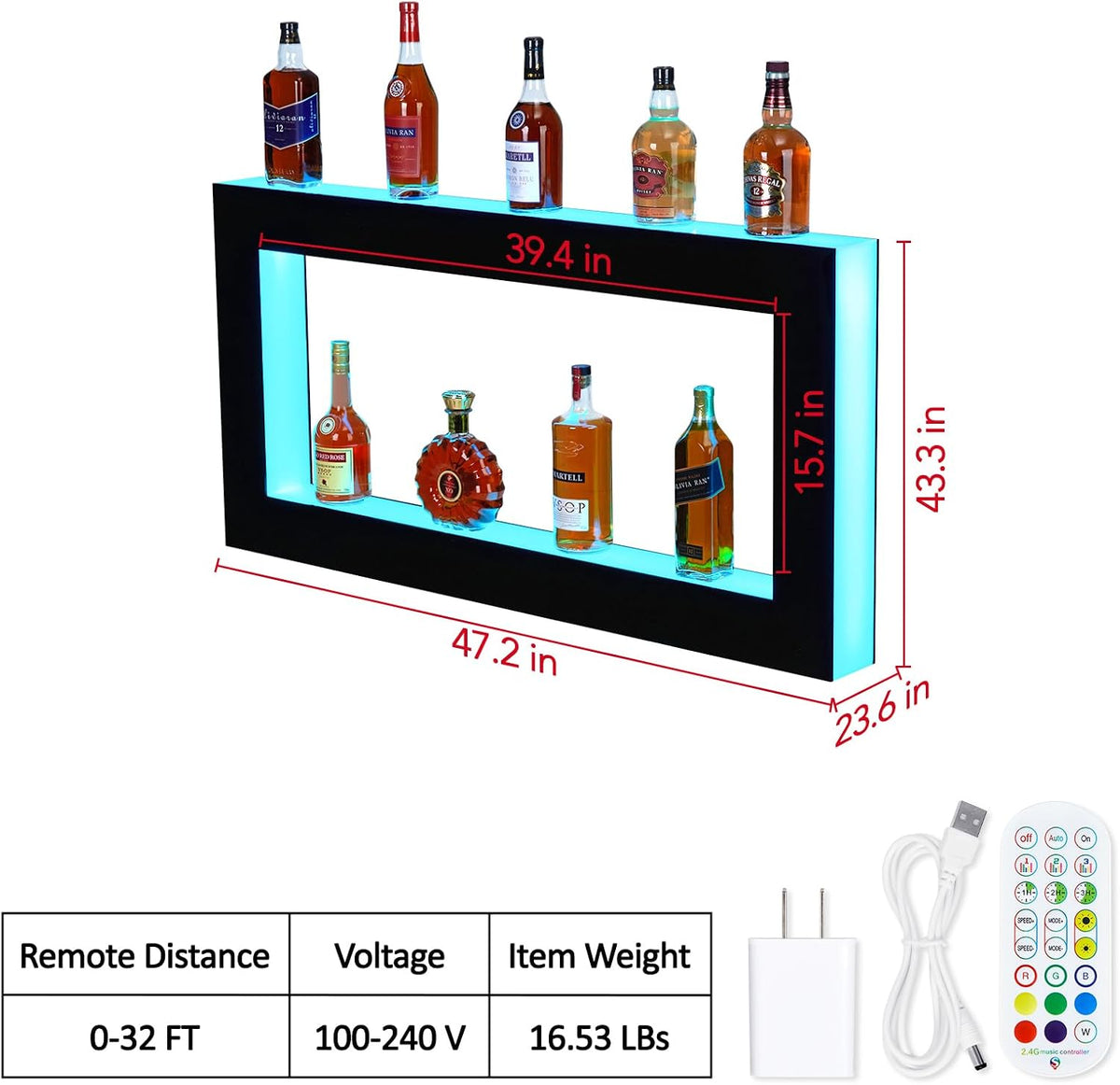 48'' Acrylic LED Liquor Display Cabinet, WallâMounted Wine Bottle Rack