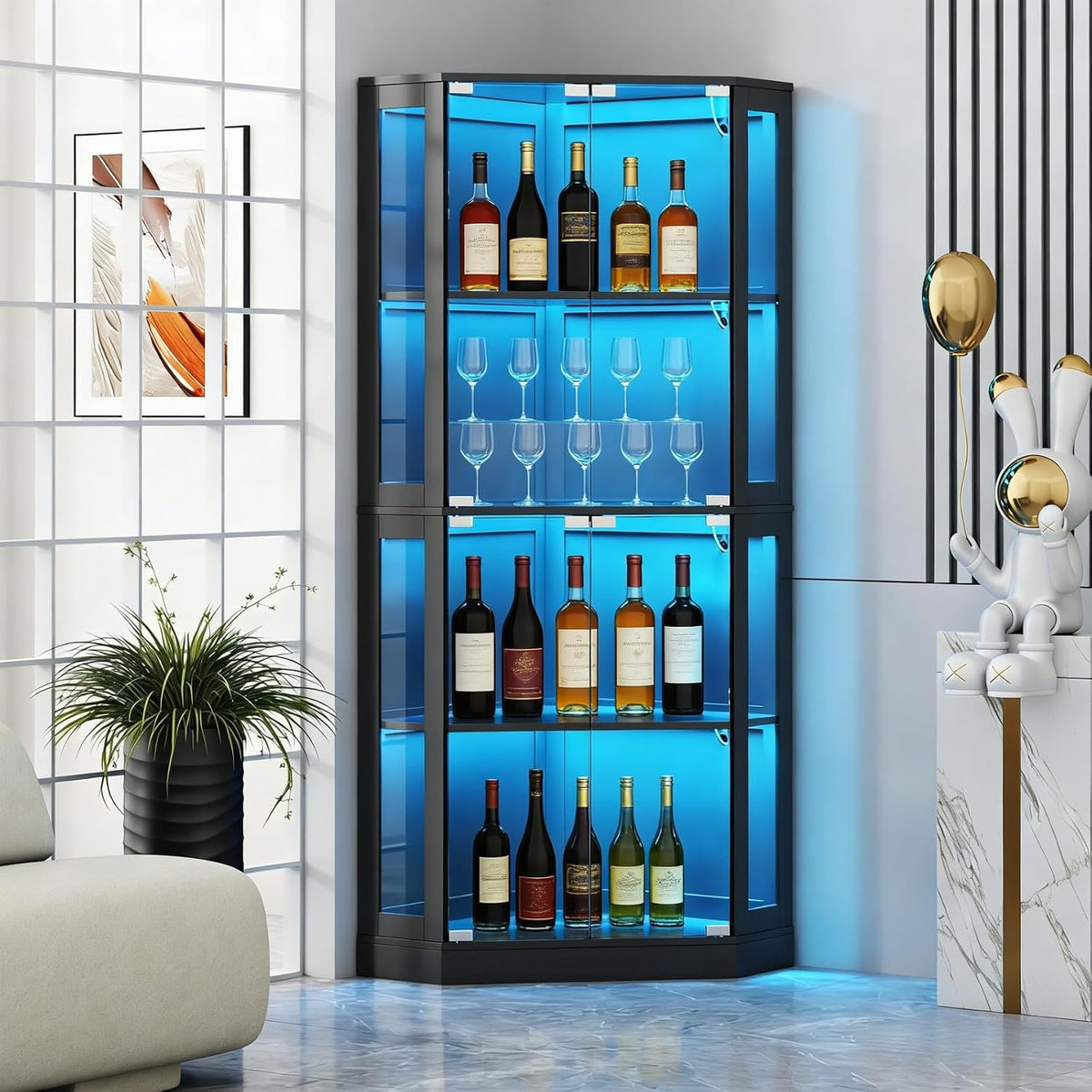 Gyfimoie Corner Wine Bar Cabinet with LED Lights,65" Tall Modern Liquor Cabinet with Tempered Glass Door,4-Tier Home Bar Liquor Storage Cabinet for Home Living Dining Room, Kitchen