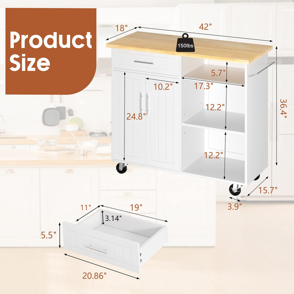 JY QAQA 26" Rolling Kitchen Island Cart on Wheels, Mobile Storage Cabinet with Adjustable Inner Shelves, Kitchen Prep Cart with Towel Rack & Lockable Casters for Small Apartment Kitchen, White