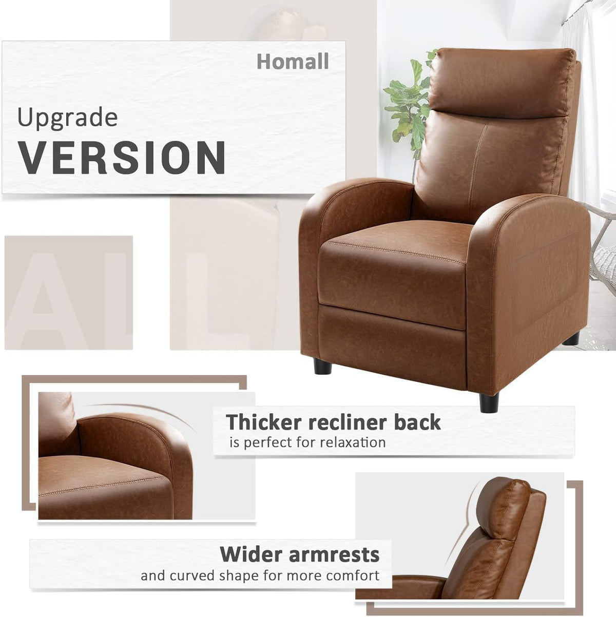 Homall Recliner Chair, Recliner Sofa PU Leather for Adults, Black Recliners