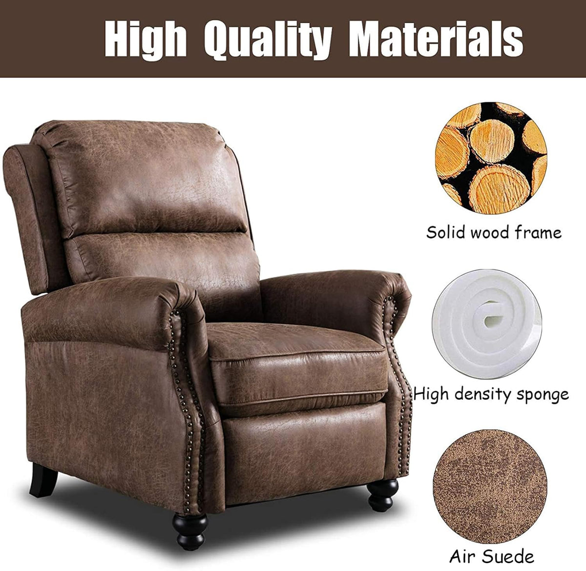 CANMOV Pushback Recliner Chair Faux Leather Armchair Push Back Recliner with Rivet Decoration Single Sofa Accent Chair for Living Room, Chocolate