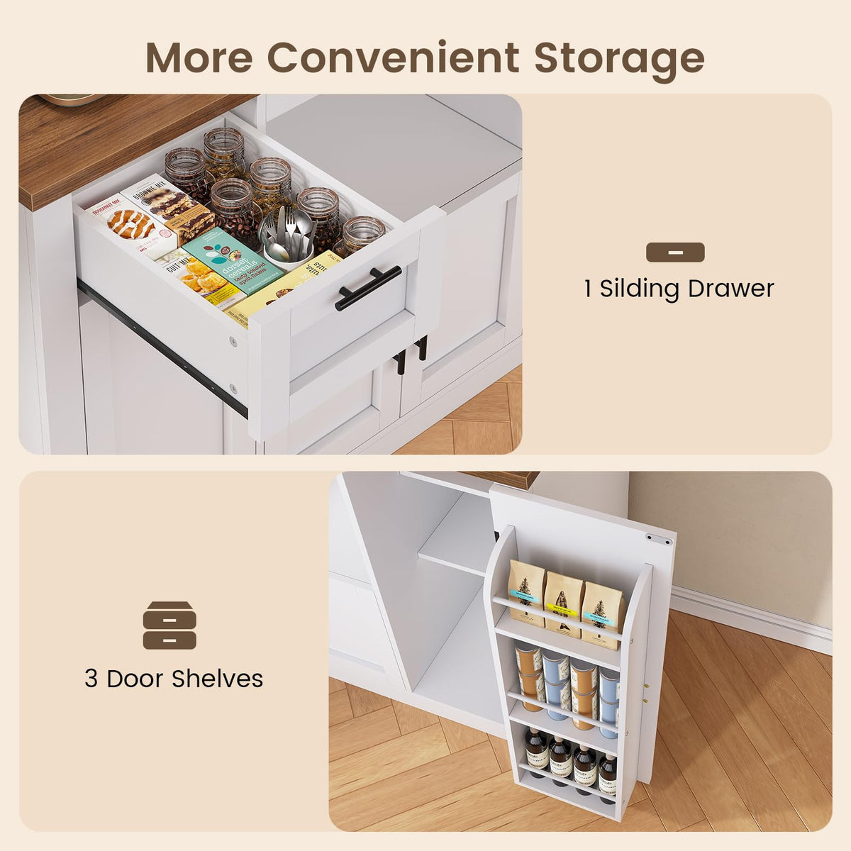 Itaar 71" Kitchen Pantry Cabinet with Charging Station and Led Light, Kitchen Storage Cabinets with Microwave Stand, 59" Wide Pantry Storage Cabinet with Storage Cart 3 Tier for Dining Room, White