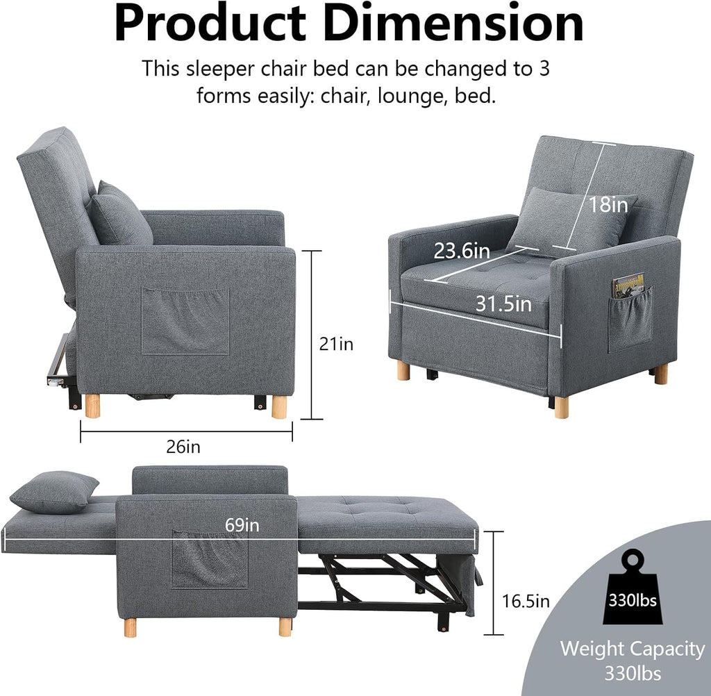 Sleeper Chair,Convertible Sleeper Sofa Chair,Pull Out Sleeper Chair with Adjustable Backrest,Multi-Functiona Lounge Chair for Living Room(Gray)