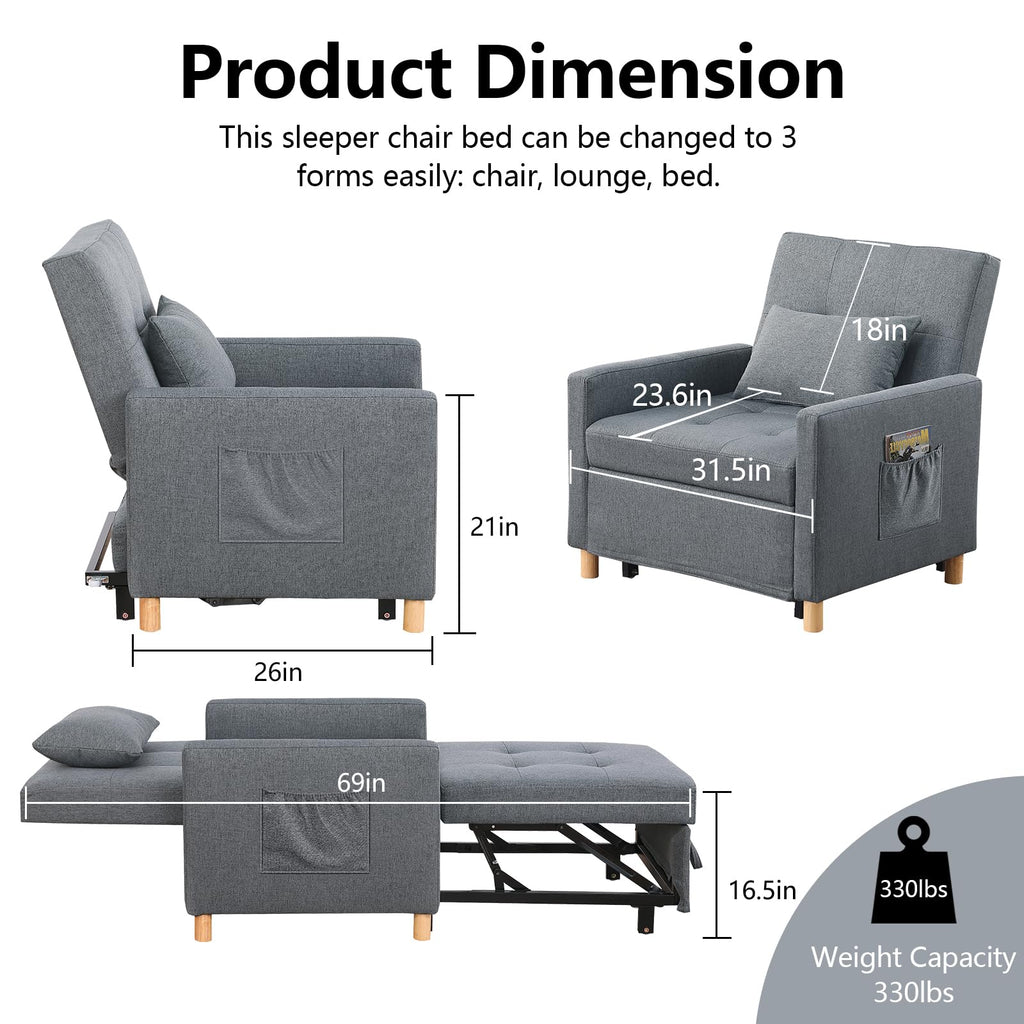 Sleeper Chair,Convertible Sleeper Sofa Chair,Pull Out Sleeper Chair with Adjustable Backrest,Multi-Functiona Lounge Chair for Living Room(Gray)