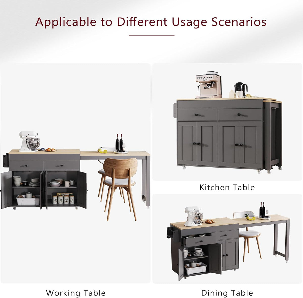 Merax 74.5" Kitchen Island with Extendable Dining Table, Rolling Kitchen Storage Cart on Wheels with Spice Rack & 2 Drawers & 4 Door Cabinet for Dining Room, Gray