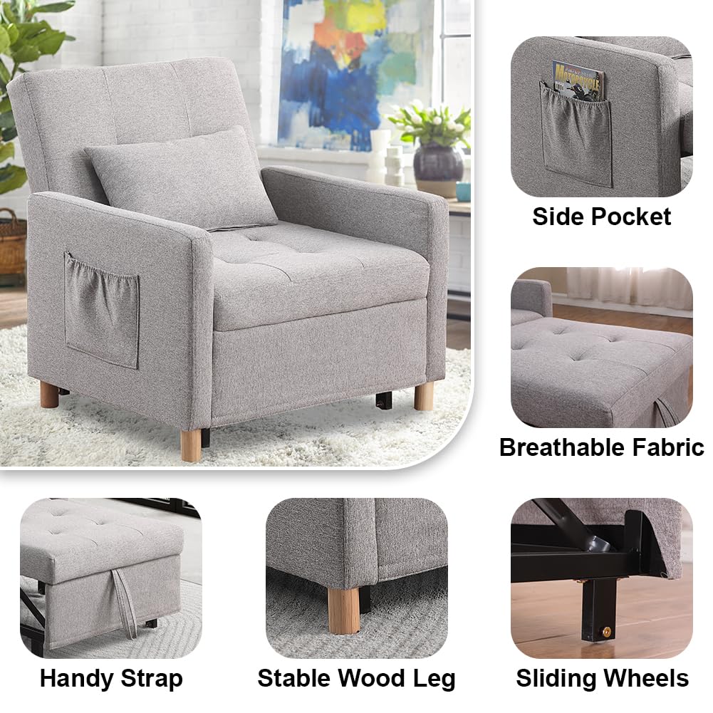Sleeper Chair,Convertible Sleeper Sofa Chair,Pull Out Sleeper Chair with Adjustable Backrest,Multi-Functiona Lounge Chair for Living Room(Gray)