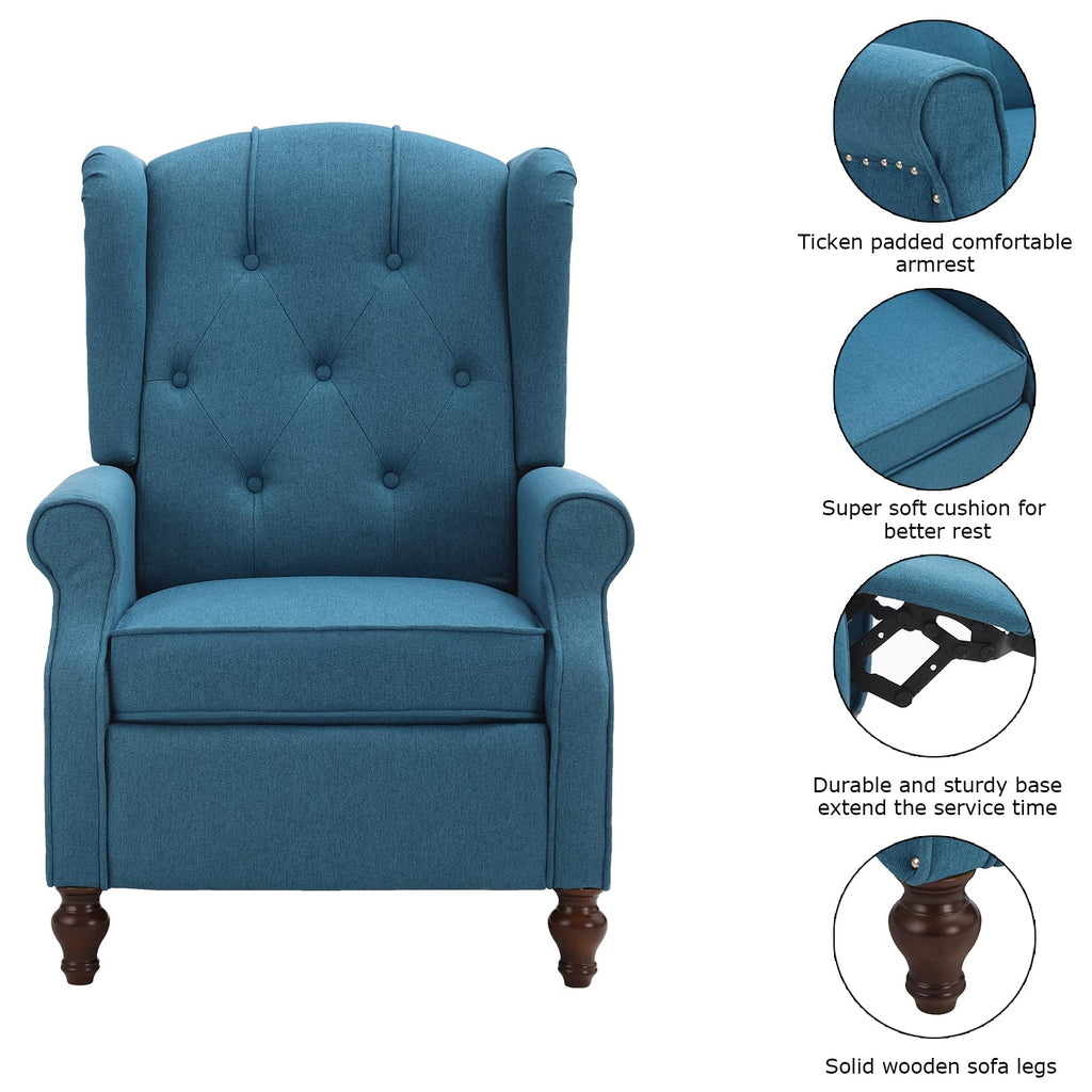 Wingback Recliner Chair - Tufted Arm Chair Recliner - Fabric Push Back Single Sofa for Living Room Adjustable Backrest (Blue Floral)