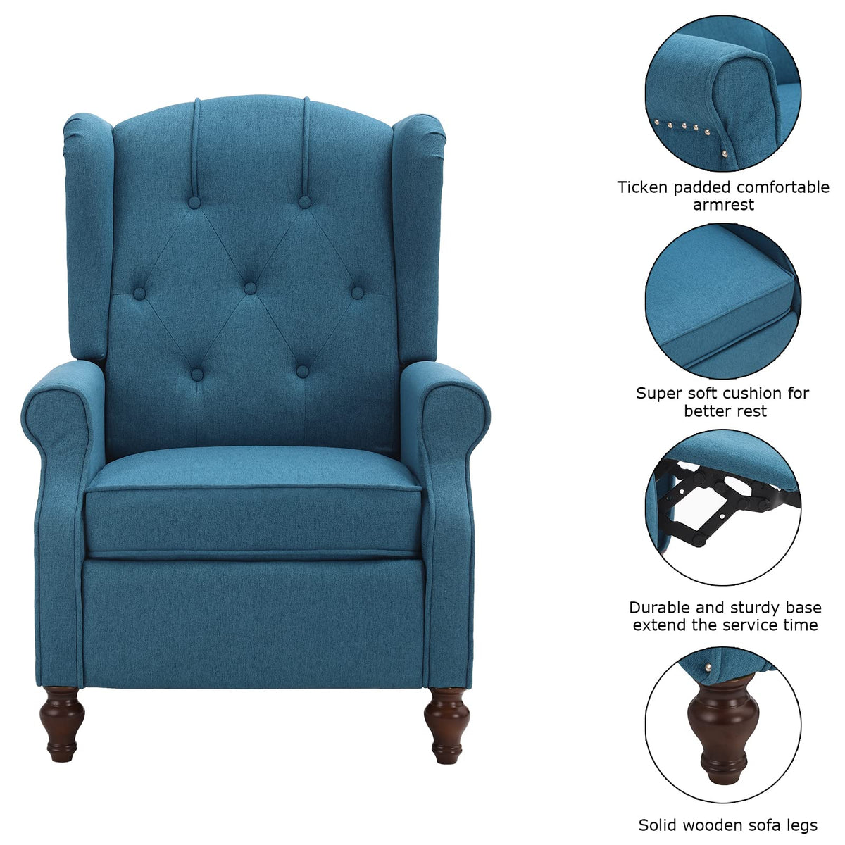 Wingback Recliner Chair - Tufted Arm Chair Recliner - Fabric Push Back Single Sofa for Living Room Adjustable Backrest (Blue Floral)