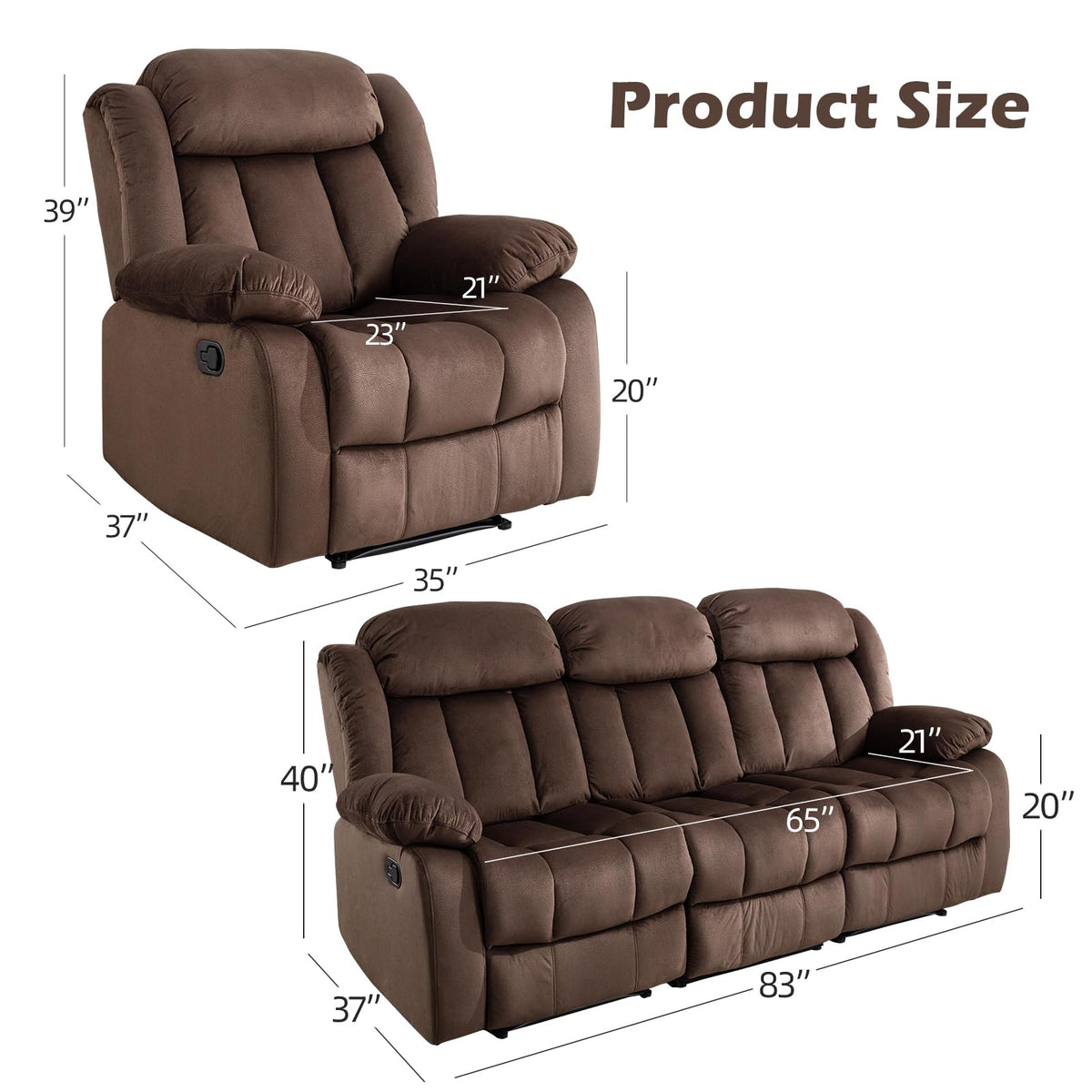 INZOY Manual Recliner Chair with Padded Armrest, Wall-Hugger Single Sofa Recliners with Overstuffed Back, Classical Fabric Reclining Chairs for Living Room Theater Seating, Brown