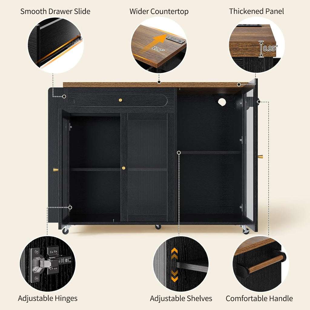 Kitchen Island with Power Outlet - Kitchen Cart on Wheels with Storage Cabinets & Drawers, Rolling Island Table with Spice & Towel Rack, Portable Islands with Large Wood Counter, Dinning Room