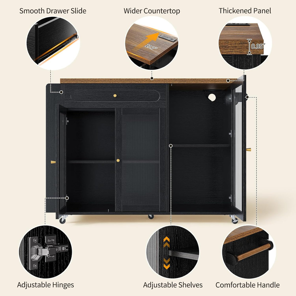 Kitchen Island with Power Outlet - Kitchen Cart on Wheels with Storage Cabinets & Drawers, Rolling Island Table with Spice & Towel Rack, Portable Islands with Large Wood Counter, Dinning Room