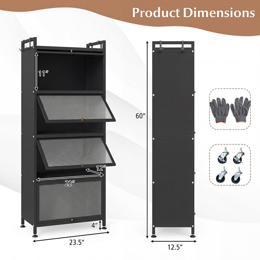GIANTEX 5-Tier Kitchen Storage Cabinet, 4 PC Doors, Rolling Wheels, White