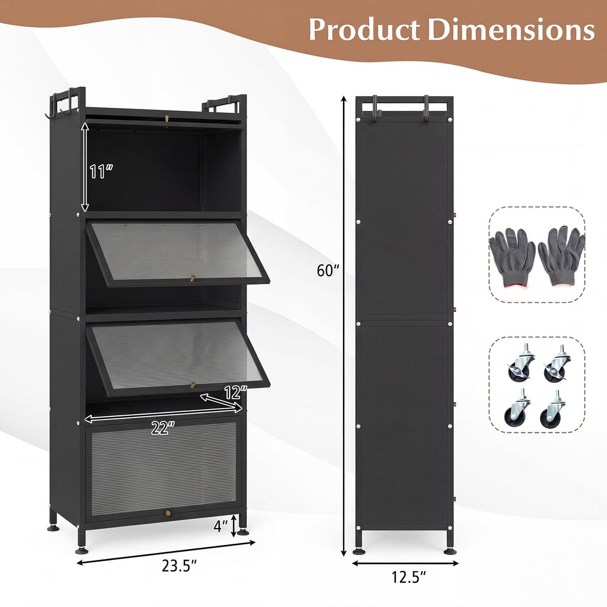 GIANTEX 5-Tier Kitchen Storage Cabinet, 4 PC Doors, Rolling Wheels, White