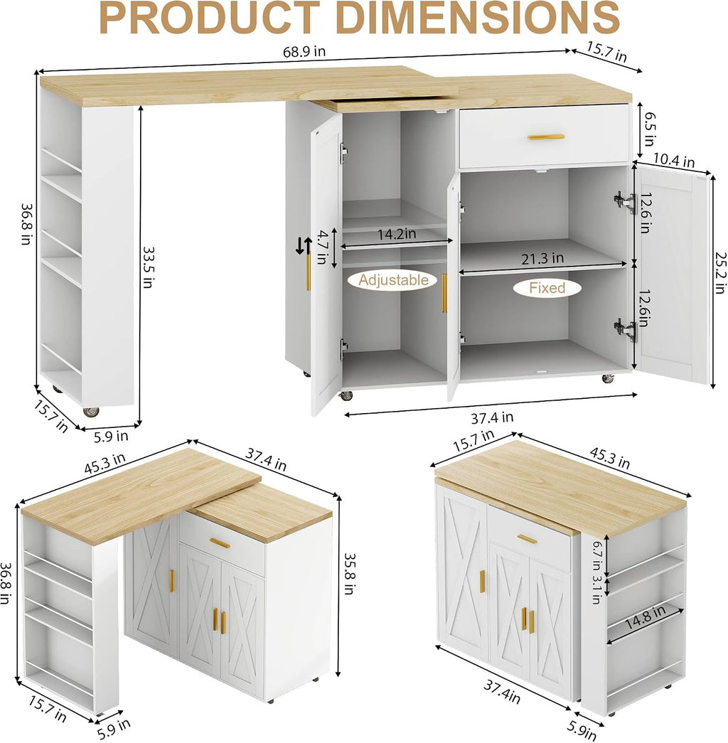 DreamDashio Kitchen Island with Storage, Rolling Kitchen Island with Swivel Table, Drawers & Shelves, Mobile Kitchen Island Cart with 360Â° Swivel Extendable Dining Table for Kitchen, Dining Room