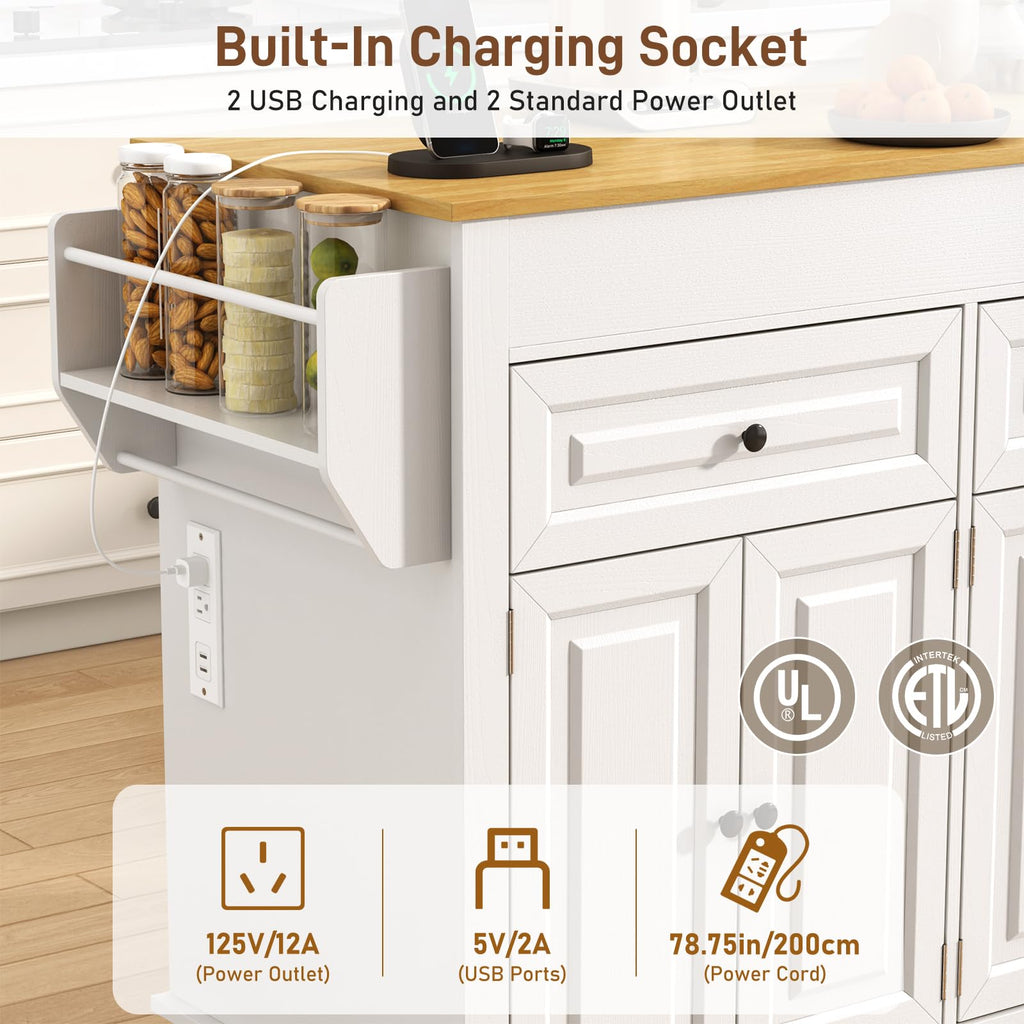80"-48" Extendable Kitchen Island with Extended Dining Table and Power Outlet,Large Mobile Kitchen Storage Islands with 2 Storage Drawers,Rolling Islands Cart with 3 Extra Rows Open Shelves(Brown)