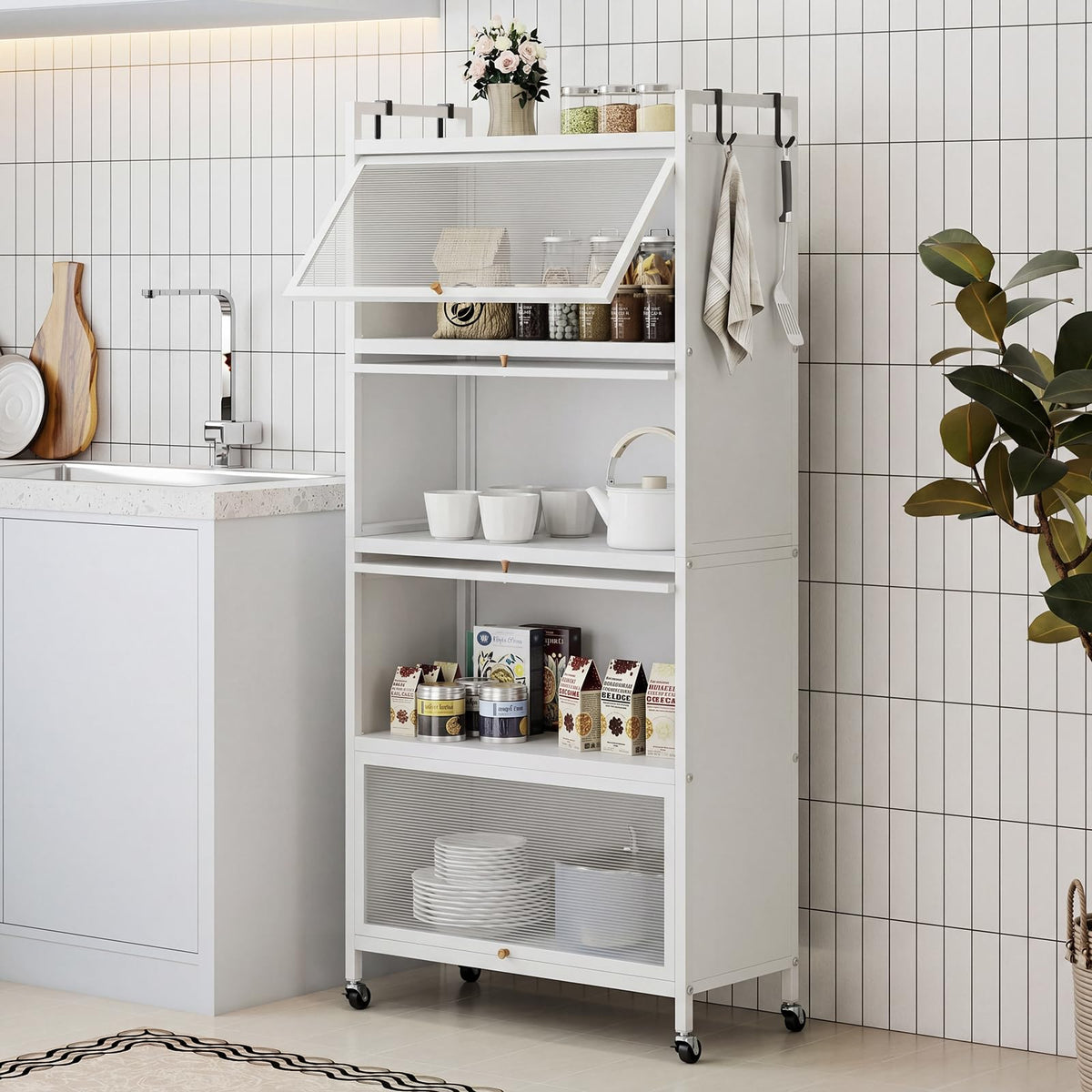 GIANTEX 5-Tier Kitchen Storage Cabinet, 4 PC Doors, Rolling Wheels, White