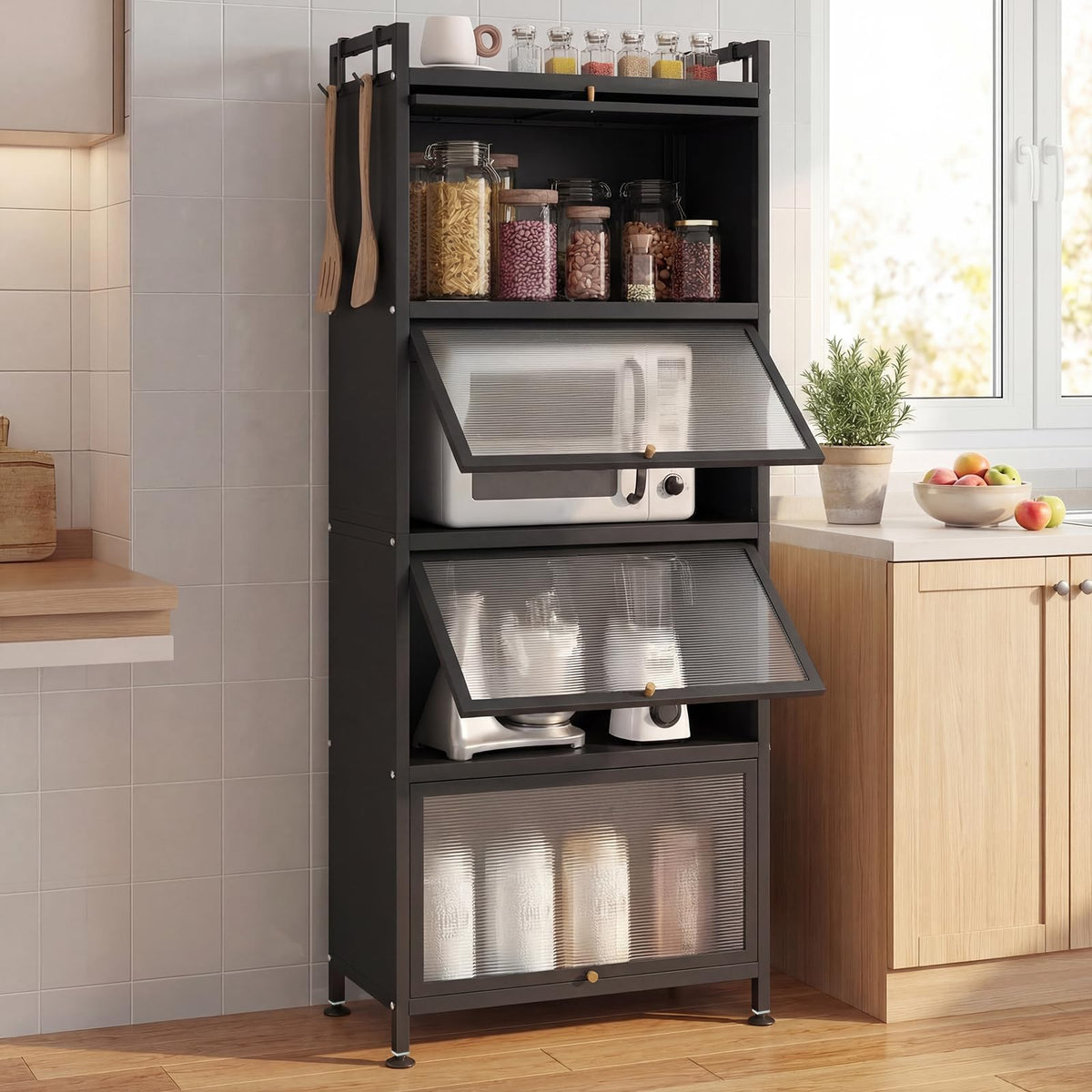 GIANTEX 5-Tier Kitchen Storage Cabinet, 4 PC Doors, Rolling Wheels, White