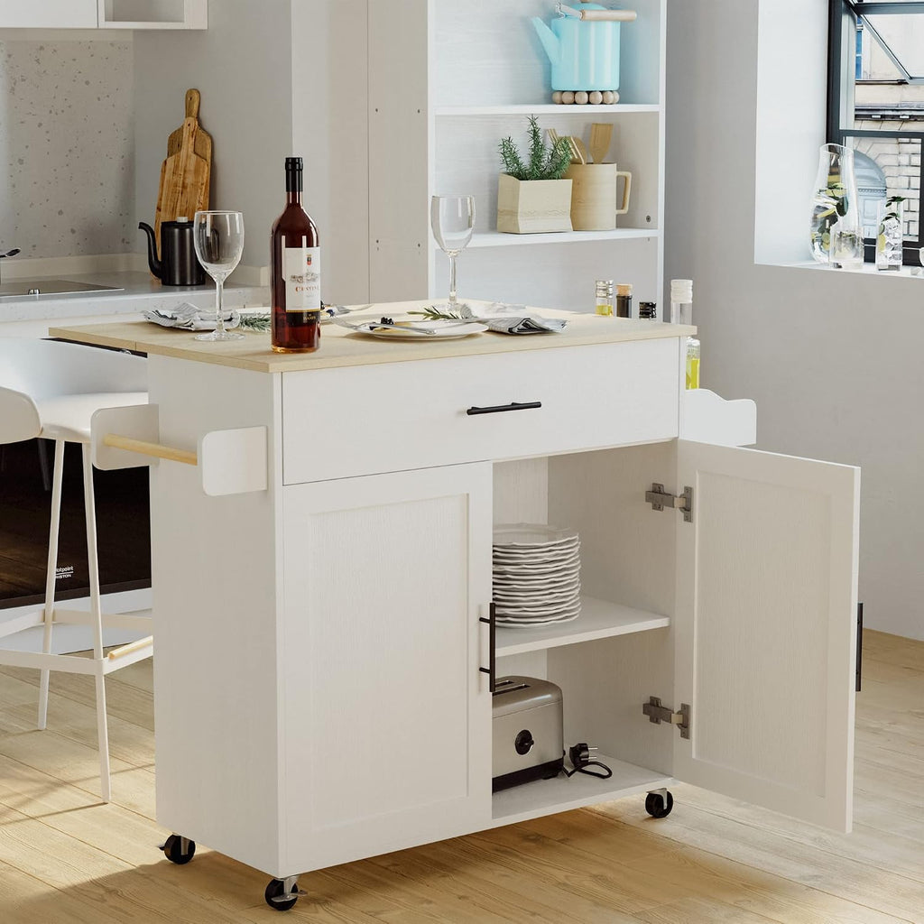 IRONCK Kitchen Island Table on Wheels with Drop Leaf, 47.25" Wide White