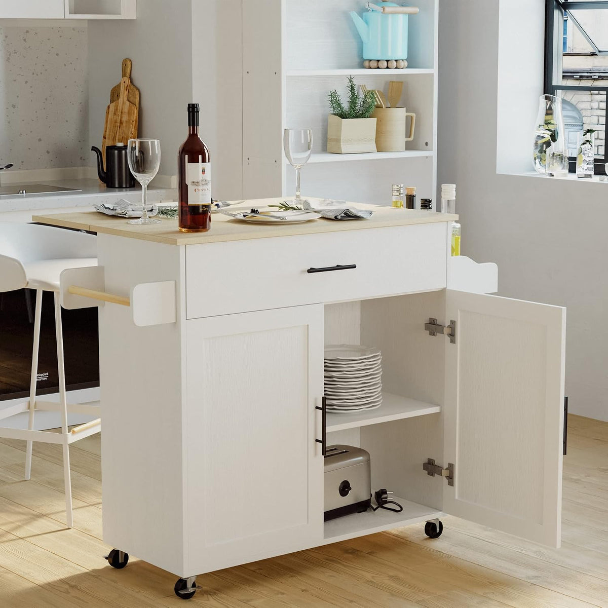 IRONCK Kitchen Island Table on Wheels with Drop Leaf, 47.25" Wide White