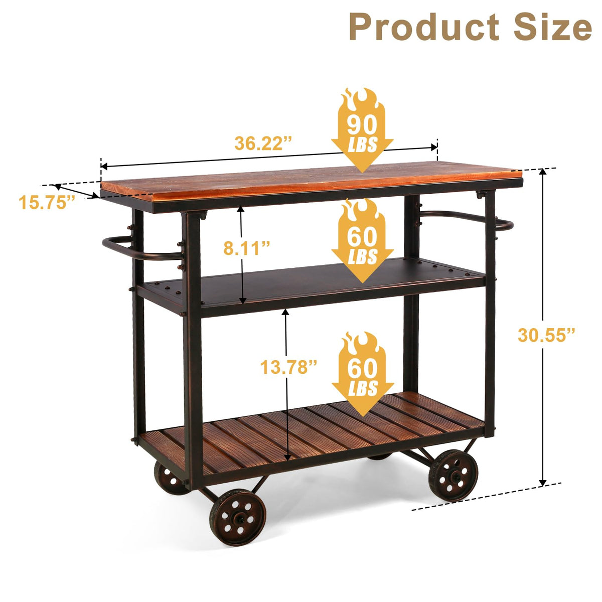 Vintage Rolling Bar Cart on Wheels Industrial Mobile Serving Cart Metal and Wood Design for Kitchen Bar Office Coffee House 36.2" Lx15.75 Wx30.5 H 3 Tier with 2 Side Handle